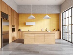stylish,yellow,home,kitchen,interior,with,bar,counter,,long,wooden