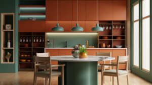 minimalist,kitchen,with,a,green,color,scheme,accented,by,orange